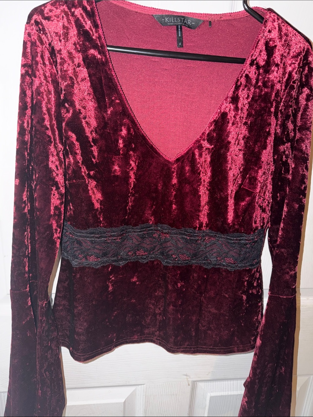 Killstar Burgundy Crushed Velvet V-Neck Long Sleeve Top - Picture 4 of 4